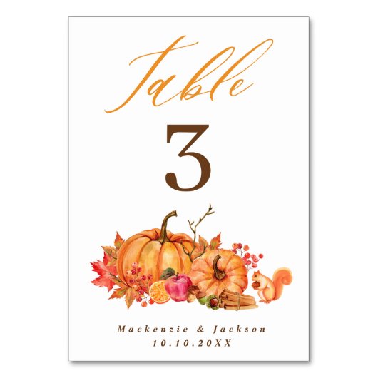 Fall Woodland Pumpkins & Squirrel Script Wedding Tischnummer (Vorderseite)