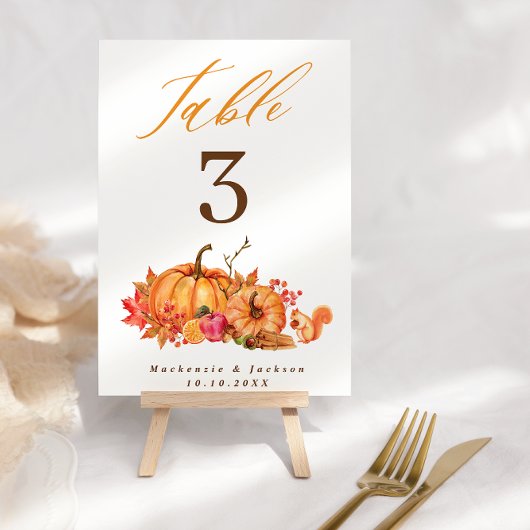 Fall Woodland Pumpkins & Squirrel Script Wedding Tischnummer
