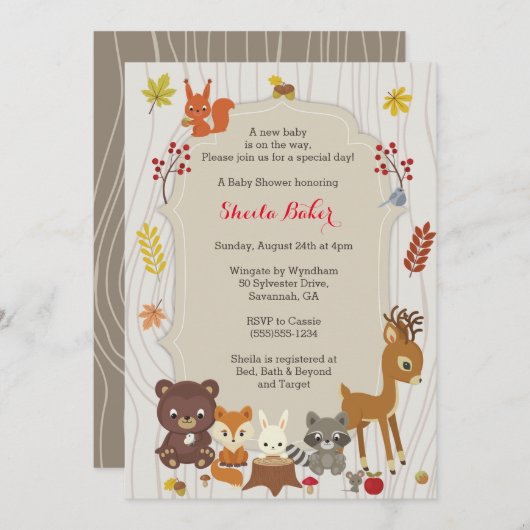 Fall Woodland Themes Kinderdusche Einladung (Vorne/Hinten)