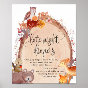 Fall Woodland Tiere Späte Nacht Windeln Zeichen Poster