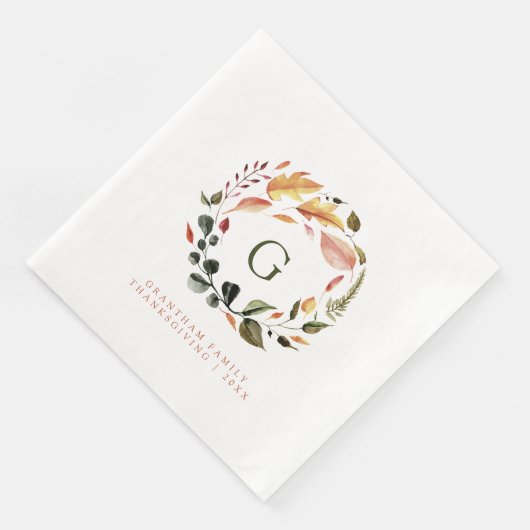 Fall Wreath Monogram Family Erntedank Serviette (Ecke)