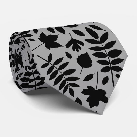 Fallen Blätter Big Pattern Black auf Grau Krawatte (Gerollt)
