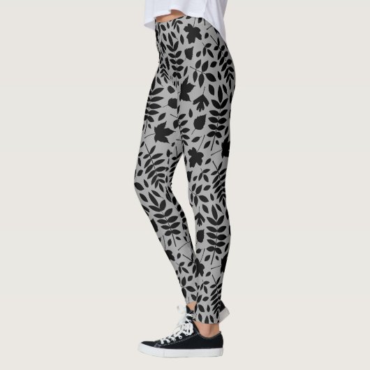 Fallen Blätter Big Pattern Black auf Grau Leggings (Links)