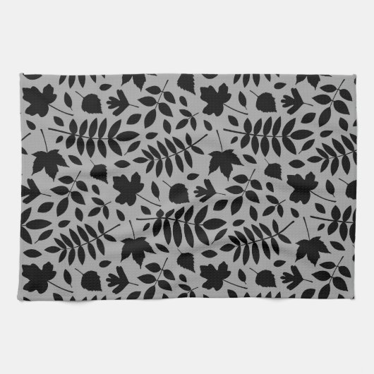 Fallen Blätter Muster Schwarz auf Grau Geschirrtuch (Horizontal)