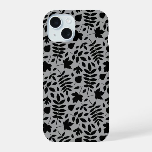 Fallen Blätter Muster Schwarz auf Grau iPhone 15 Hülle (Rückseite)