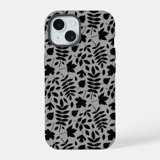 Fallen Blätter Muster Schwarz auf Grau iPhone 15 Hülle (Rückseite)