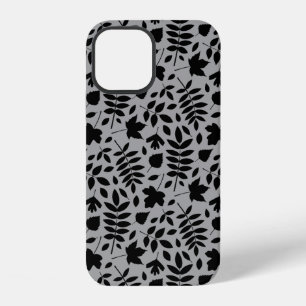 Fallen Blätter Muster Schwarz auf Grau iPhone 12 Hülle