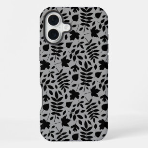Fallen Blätter Muster Schwarz auf Grau iPhone 16 Plus Hülle