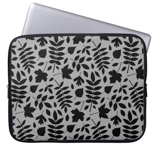Fallen Blätter Muster Schwarz auf Grau Laptopschutzhülle (Vorderseite)