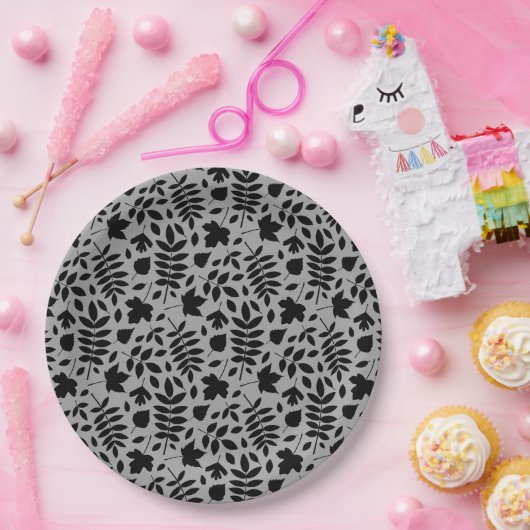 Fallen Blätter Muster Schwarz auf Grau Pappteller (Party)