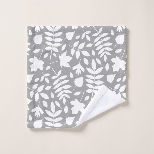 Fallen Blätter Muster Weiß auf Grau Badhandtuch Set (Waschlappen)