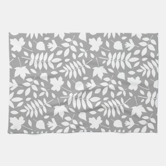 Fallen Blätter Muster Weiß auf Grau Geschirrtuch (Horizontal)