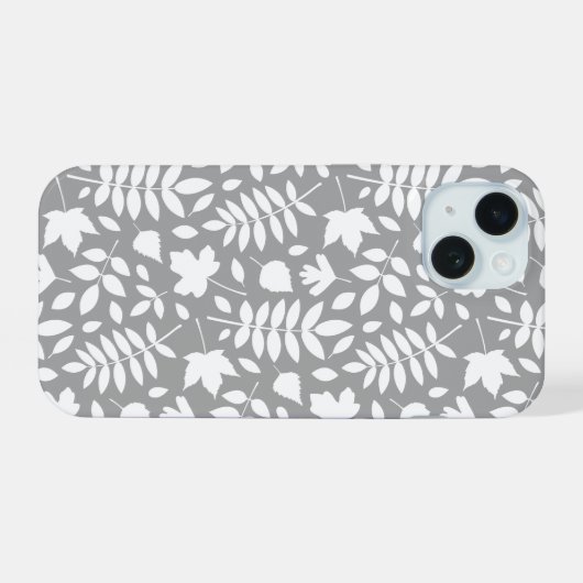 Fallen Blätter Muster Weiß auf Grau iPhone 15 Hülle (Rückseite (Horizontal))