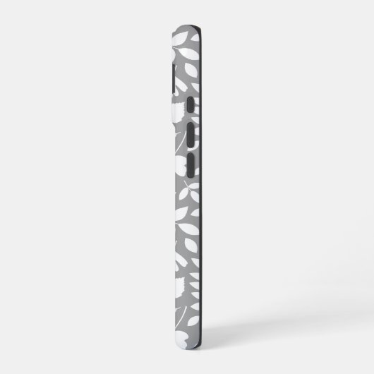 Fallen Blätter Muster Weiß auf Grau iPhone 16 Hülle (Linke Seite)