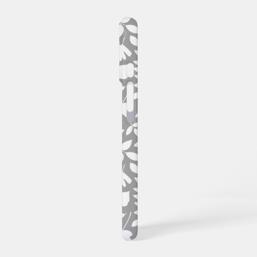 Fallen Blätter Muster Weiß auf Grau iPhone 16 Hülle (Linke Seite)