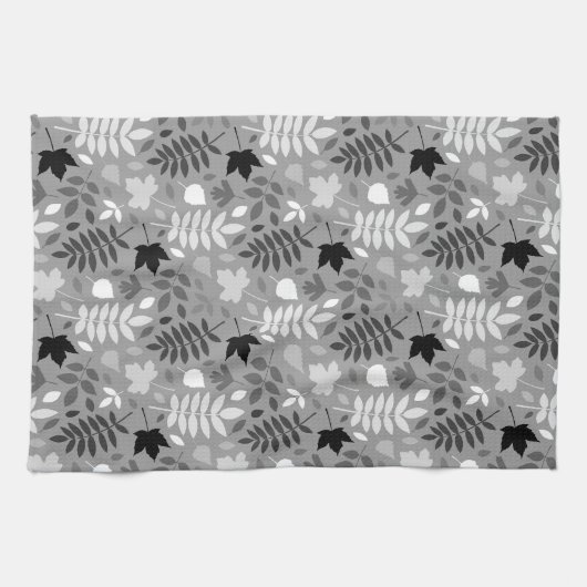 Fallen Blätter Rpt Muster Monochrome auf Grau Geschirrtuch (Horizontal)