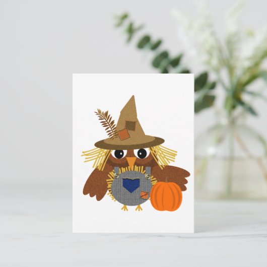 Fallen Sie das Adorable Scarecrow Owl Postkarte (Stehend Vorderseite)
