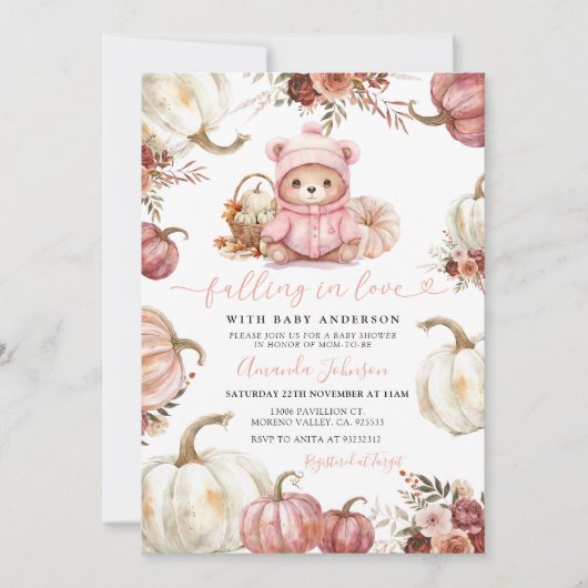 Fallend in der Liebe Autumn Pumpkin Bear Baby Show Einladung (Vorderseite)
