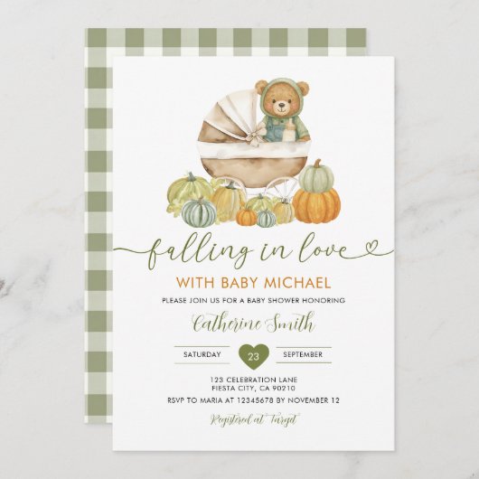 Fallend in Liebe Bear Pumpkin Baby Dusche Gingham Einladung (Vorne/Hinten)