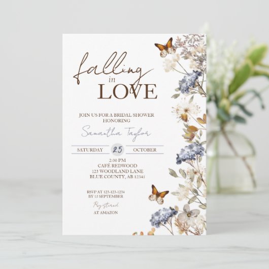 Fallend in Liebe Brautparty, Blumenschmetterling Einladung (Stehend Vorderseite)