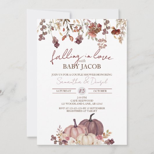 Fallend in Liebe mit Baby, Pumpkin Couple Dusche Einladung (Vorderseite)