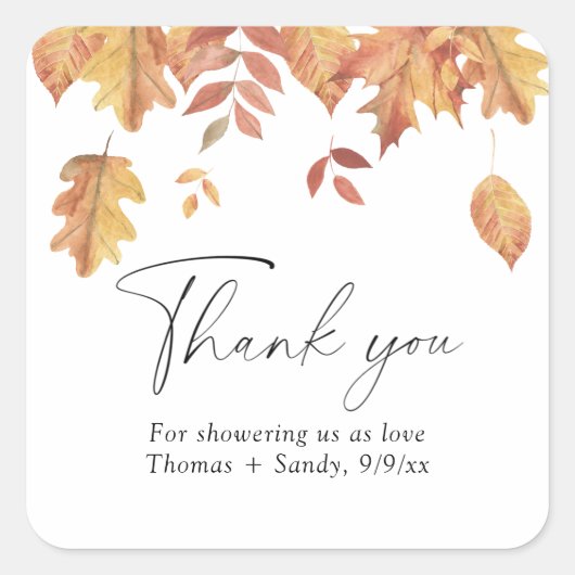 Fallende Blätter - Danke, Baby Shower Party Quadratischer Aufkleber (Vorderseite)
