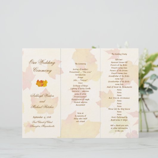 Fallende Blätter dreimal Hochzeitsprogramm Vorlage (Stehend Vorderseite)