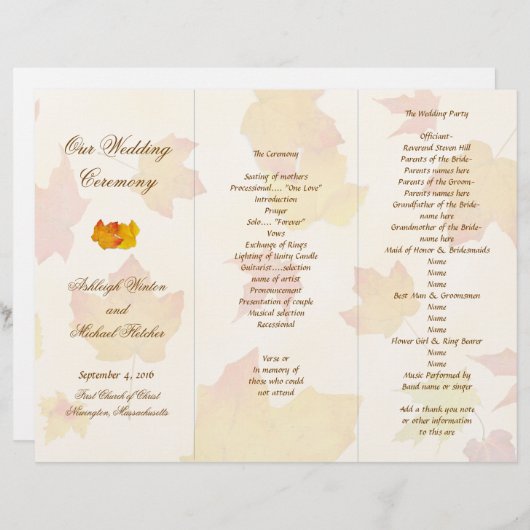 Fallende Blätter dreimal Hochzeitsprogramm Vorlage (Vorne/Hinten)