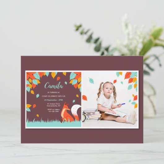 Fallende Blätter Fox Foto Einladung (Stehend Vorderseite)