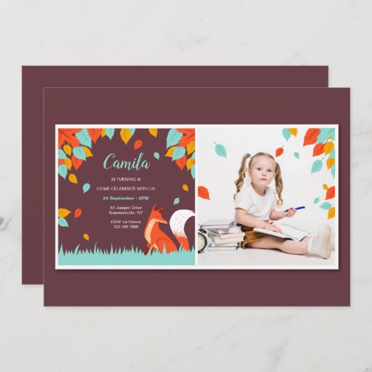 Fallende Blätter Fox Foto Einladung (Vorne/Hinten)