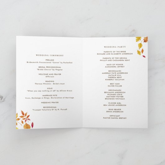 Fallende Blätter Garland Herbsthochzettel Programm (Innenseite)