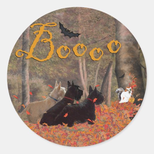 Fallende Blätter Halloween Scotties Runder Aufkleber (Vorderseite)