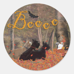 Fallende Blätter Halloween Scotties Runder Aufkleber