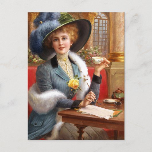 Fallende Buchstaben und Tee Postkarte (Vorderseite)