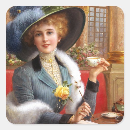 Fallende Buchstaben und Tee Quadratischer Aufkleber (Vorderseite)