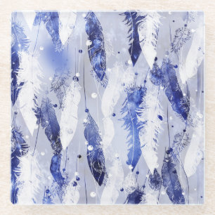 Fallende Federn: Aquarellblaues Muster. Glasuntersetzer
