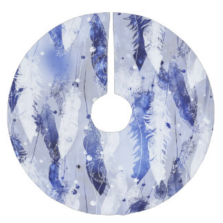 Fallende Federn: Aquarellblaues Muster. Polyester Weihnachtsbaumdecke