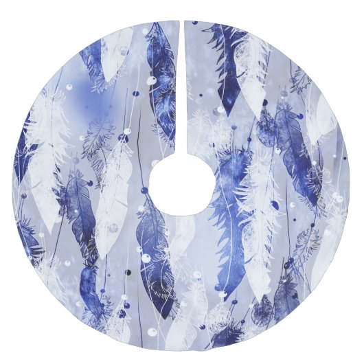 Fallende Federn: Aquarellblaues Muster. Polyester Weihnachtsbaumdecke (Vorderseite)