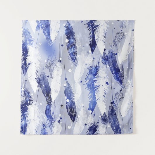 Fallende Federn: Aquarellblaues Muster. Wandteppich (Vorderseite)