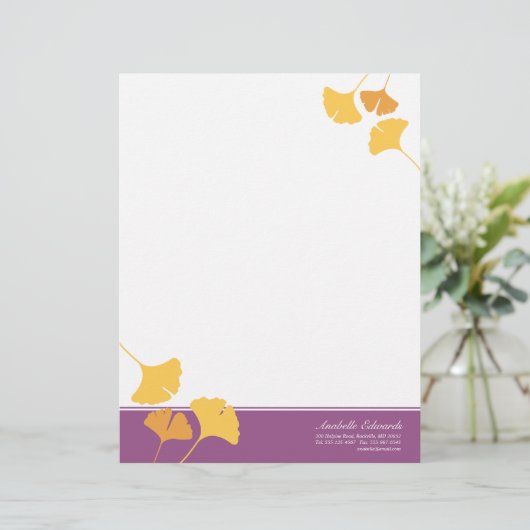 Fallende Ginkgo-Blätter goldgelb lila Herbst Briefkopf (Stehend Vorderseite)