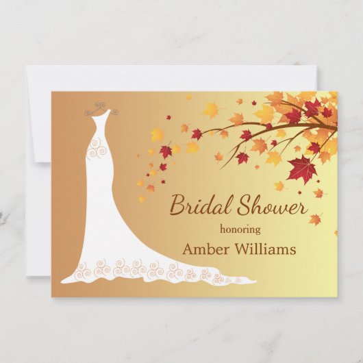 Fallende Herbstblätter, Hochzeitskleid-Brautparty Einladung (Vorderseite)