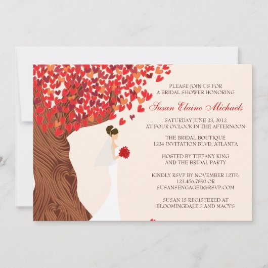 Fallende Herzen Eichenbaum Brautparty Einladung (Vorderseite)