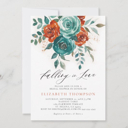 Fallende in der Liebe Aquamarin Burnt Orange Braut Einladung (Vorderseite)