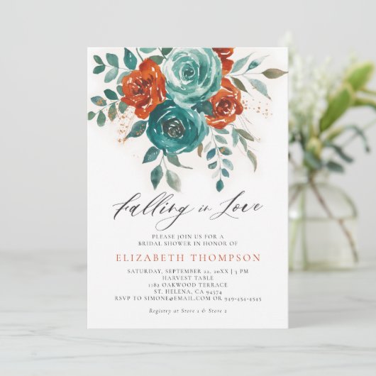 Fallende in der Liebe Aquamarin Burnt Orange Braut Einladung (Stehend Vorderseite)