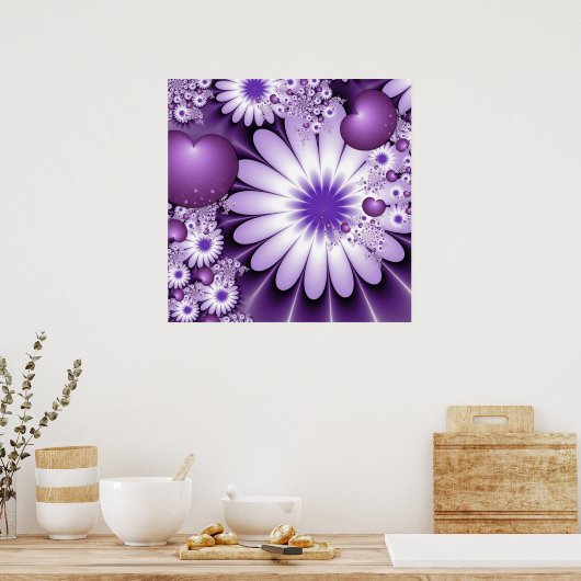 Fallende in Liebe Abstrakte Blume & Herz Fraktal Poster (Küche)