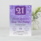 Fallende Lila Glitzer 21. Geburtstag Party Einladung (Stehend Vorderseite)