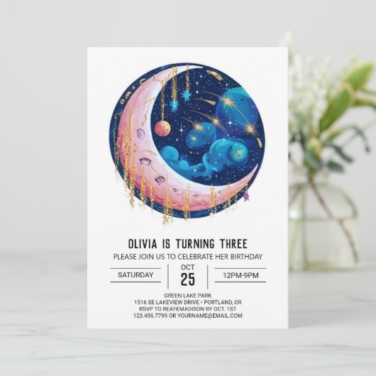 Fallende Nebula Stars Digital Geburtstag Einladung (Stehend Vorderseite)