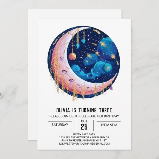 Fallende Nebula Stars Digital Geburtstag Einladung (Vorne/Hinten)