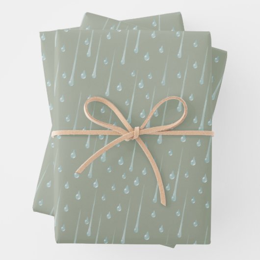Fallende Raindrops Niedlicher Regentag Olive Green Geschenkpapier Set (Beispiel)