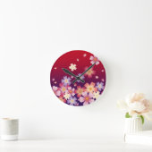 Fallende Sakura Blüten Japanisch Rot & Lila Runde Wanduhr (Zuhause)